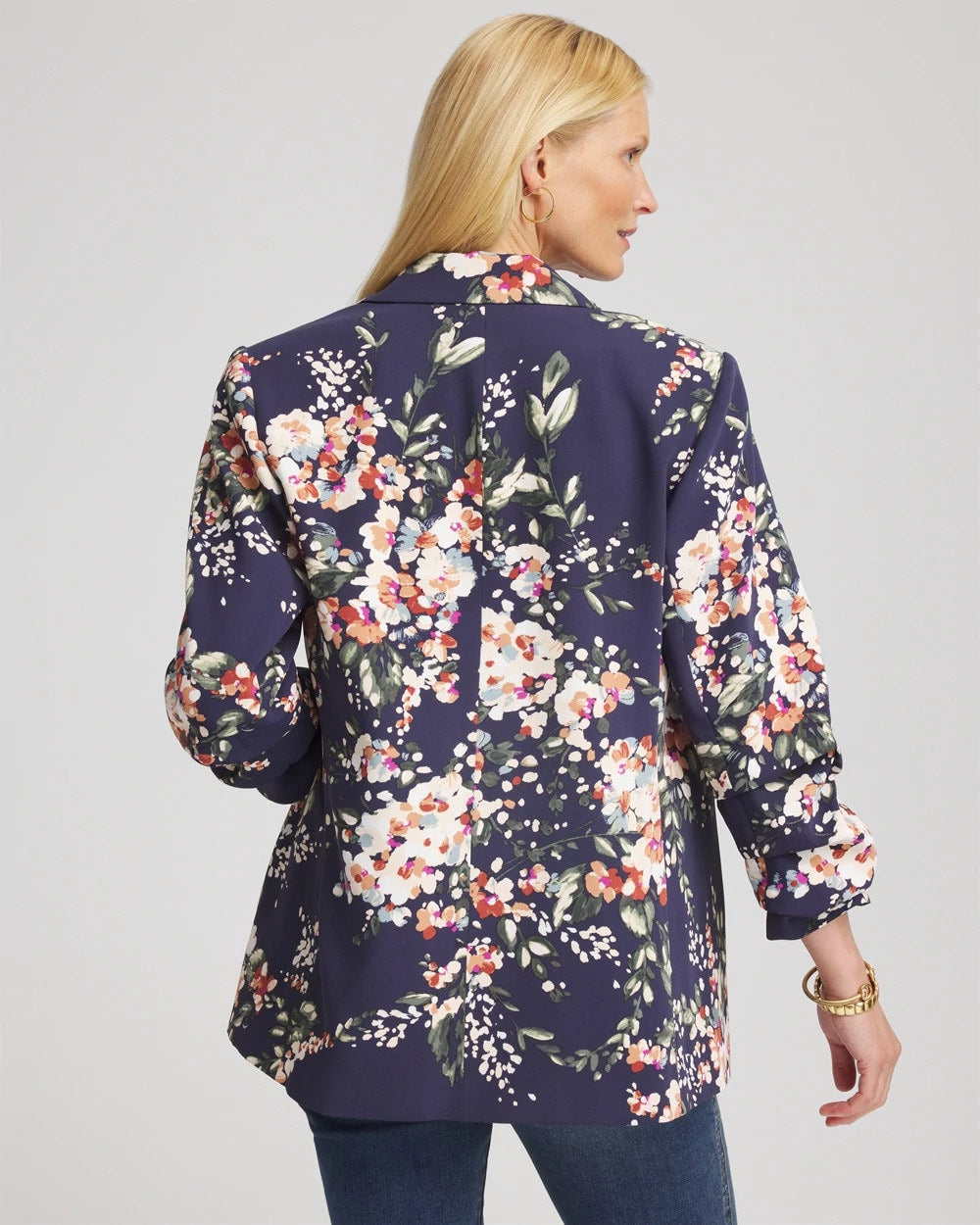 Passport Blue Floral Ruched Sleeve Blazer