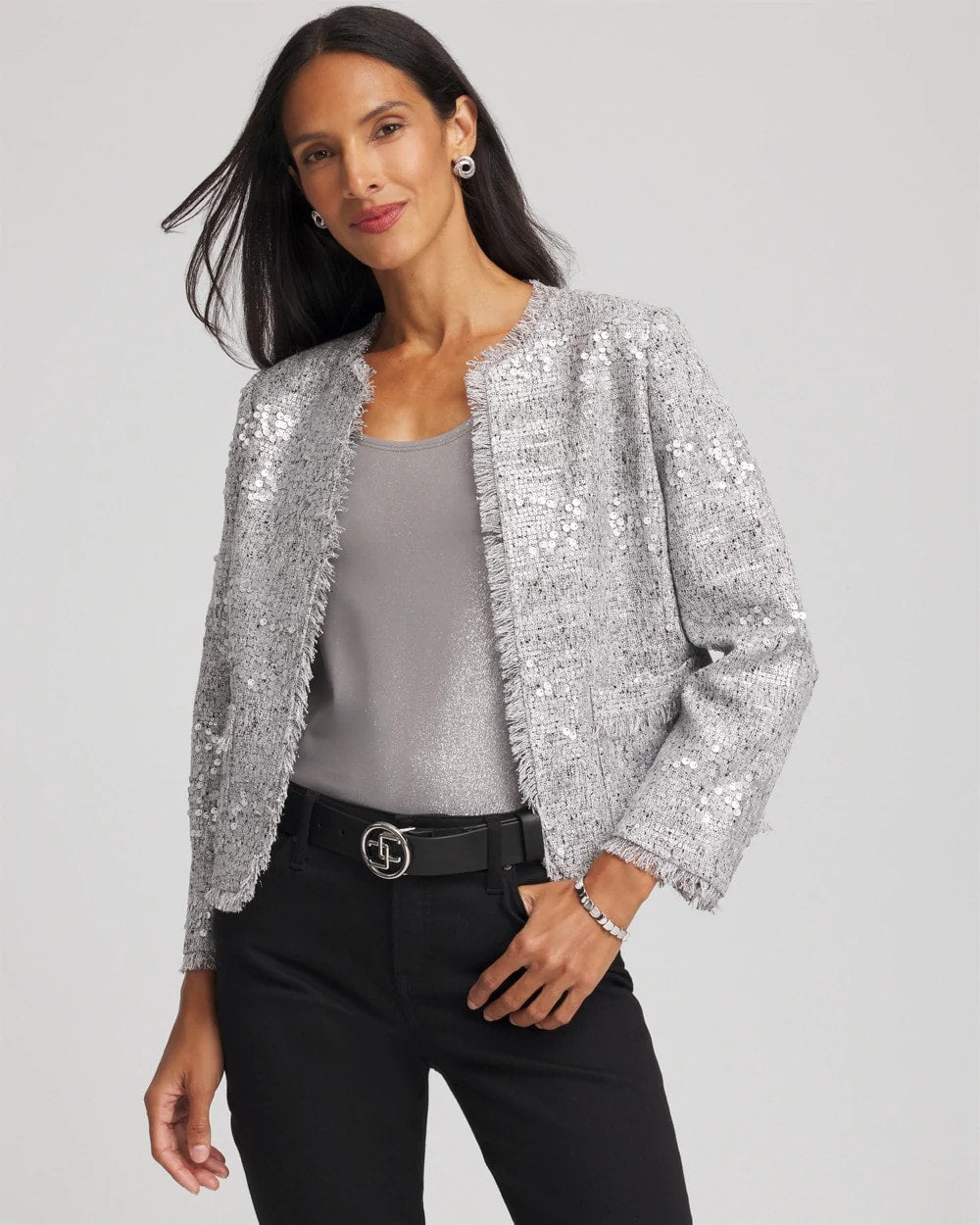 Silver Silver Sequins Tweed Jacket