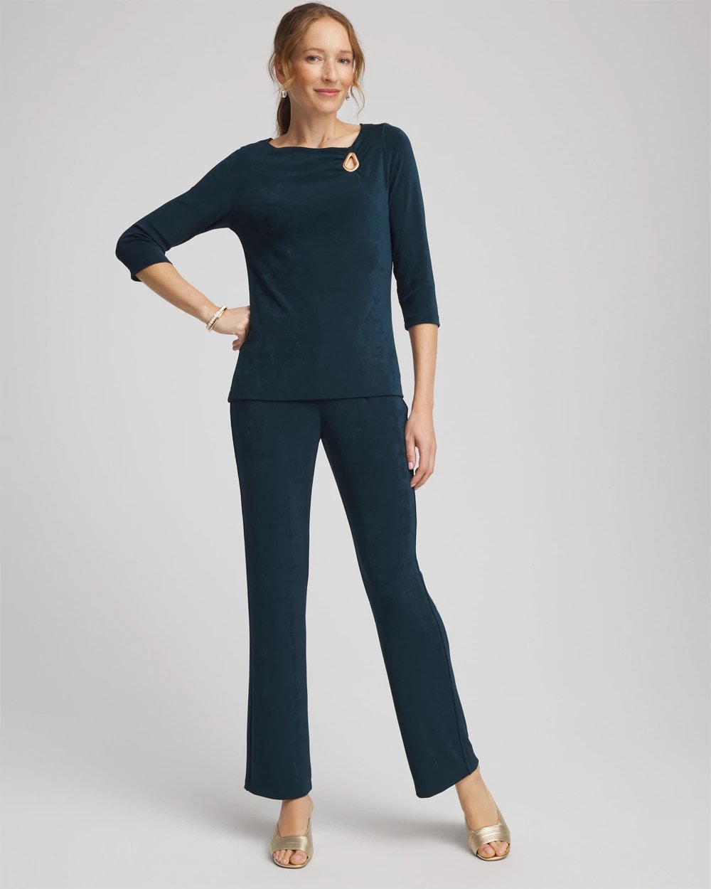 Teal Shadow Travelers™ Asymmetrical 3/4 Sleeve Top