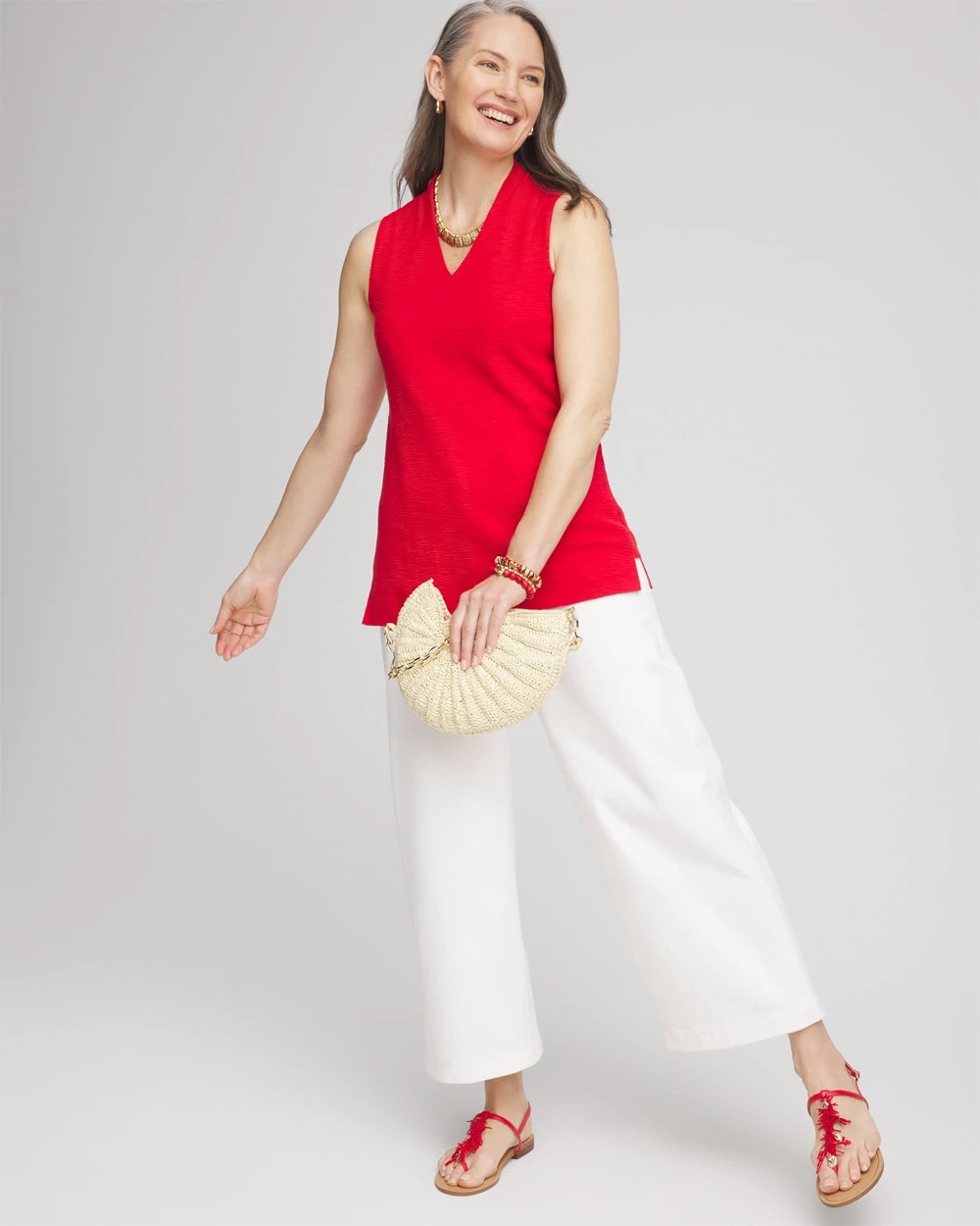 Red Glow Textured Sleeveless V-Neck Tunic