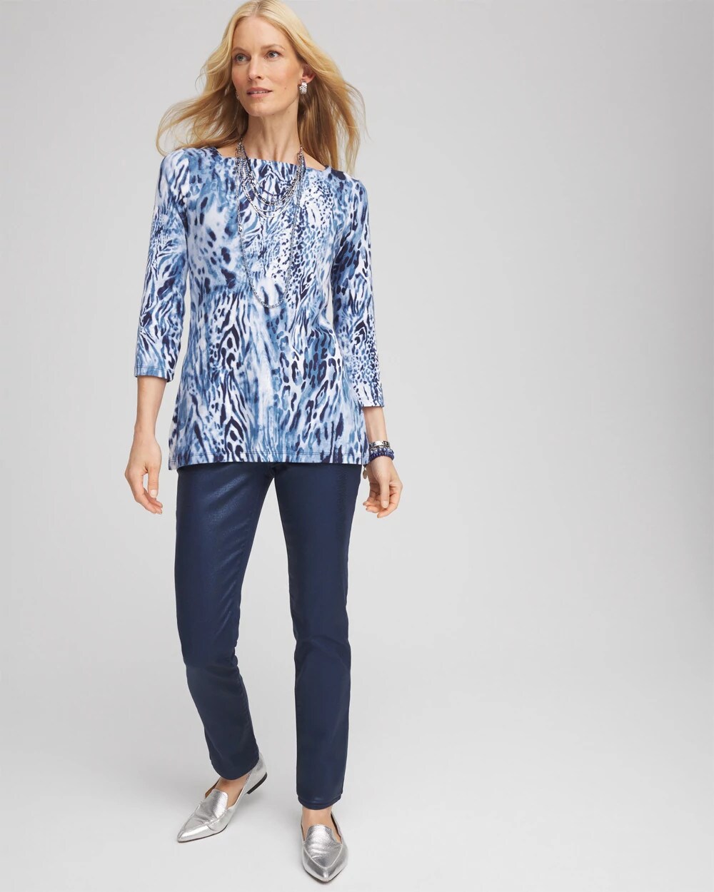 Classic Navy Animal Print Square Neck Tunic