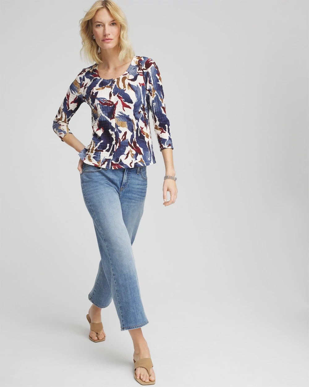 Ecru Printed Textured Scoopneck Cardigan